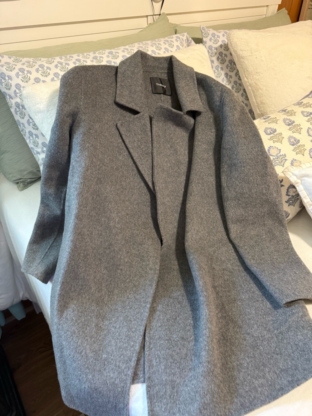 Theory Gray Open-Front Wool Blend Trench Coat